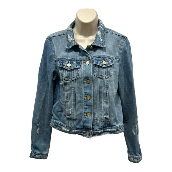 Boom Boom Jeans Cropped Distressed 100 Cotton Jean Denim Jacket Size Small - Picture 1 of 9